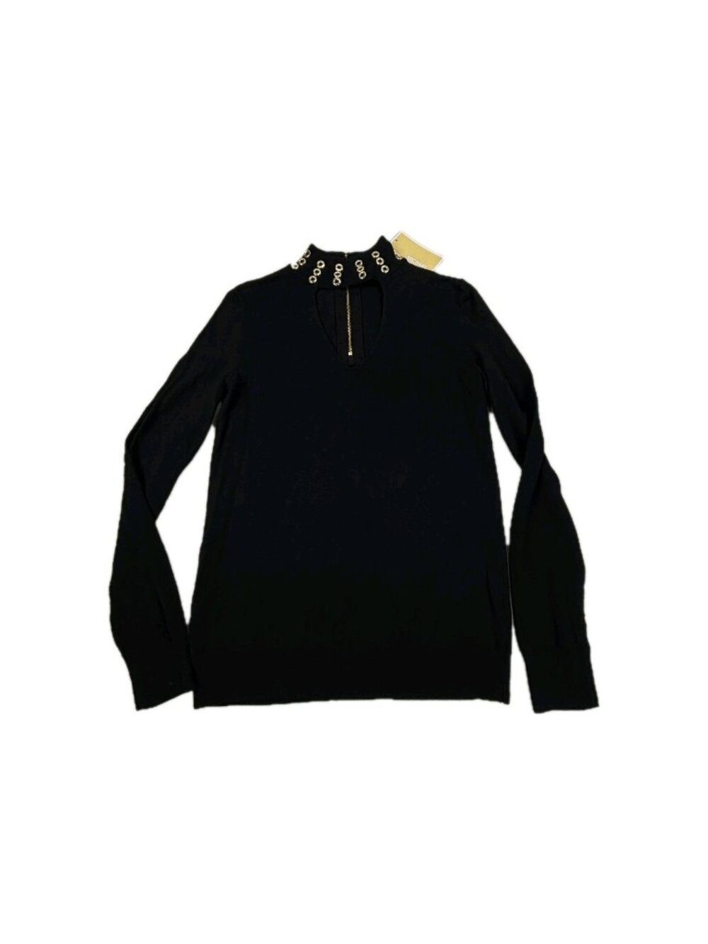 Michael Kors Sweater Womens Small Black Tight Knit Gold Chain-Link Mock Neck